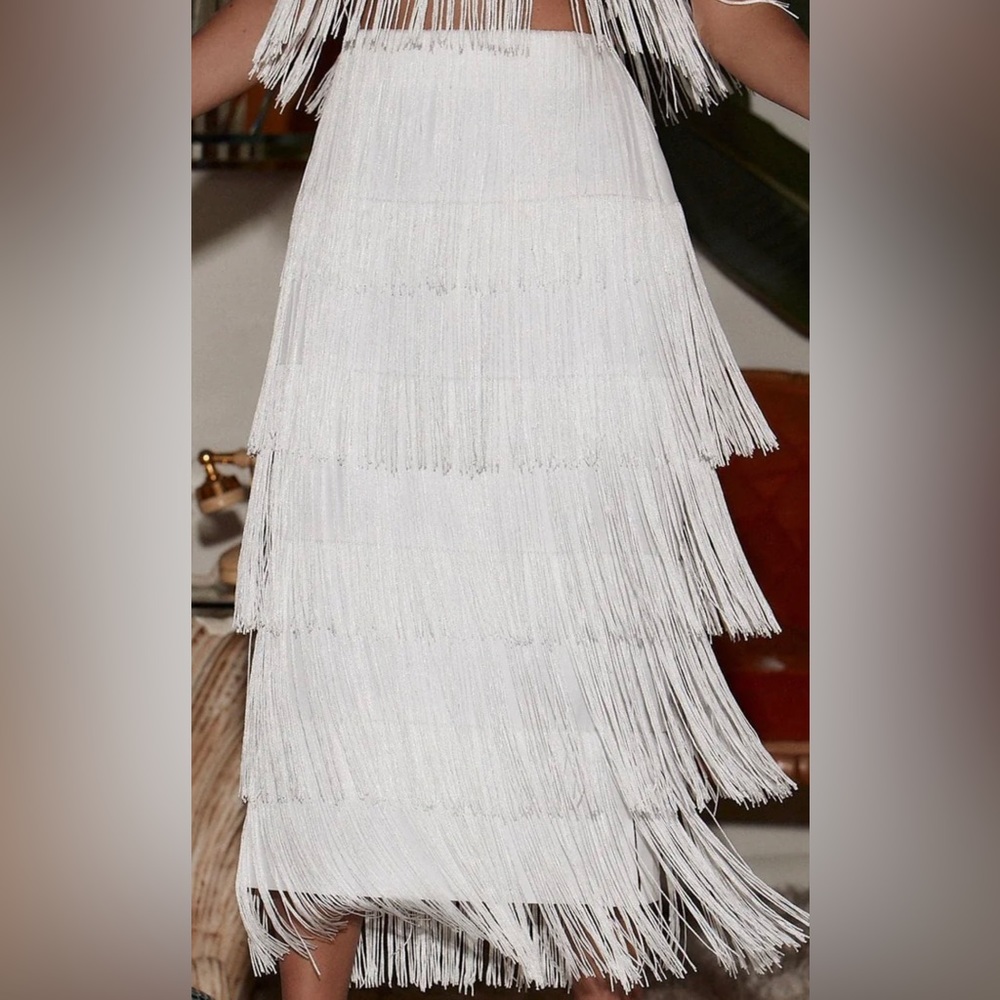 12th Tribe. Gatsby white fringe skirt. S.